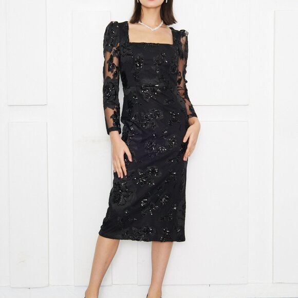 Novena ZF Long Sleeve Midi Tulle Column Regular Evening Dress zff1081 - Picture 3 of 3